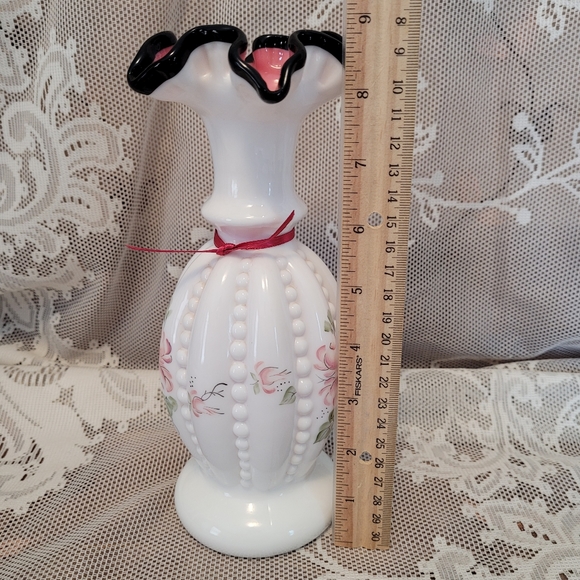 Vintage Signed Fenton Vase Hand Painted Beaded Milk Glass - Picture 12 of 12